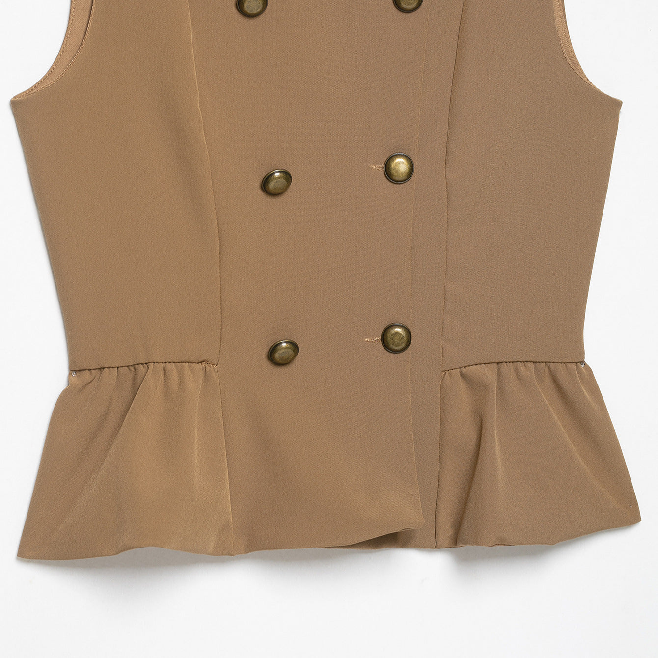 Women Double-Breasted Tailored Vest with Stand-up Collar and Waist Ruffle Chichicherry