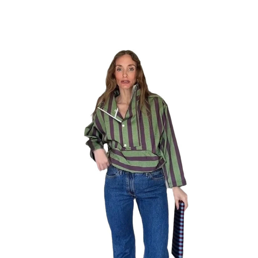 Women Oversized Stripe Sweater with Half Zipper, Stand Collar and Kangaroo Pocket Chichicherry