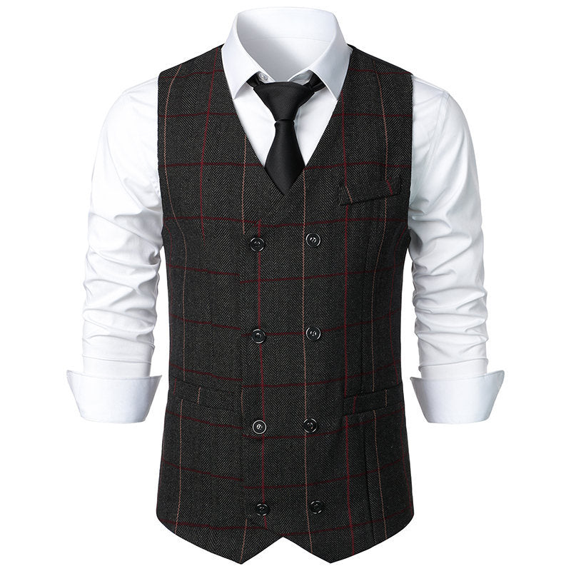 Men's Double-breasted Suit Vest with Window Pane and Herringbone Structure Chichicherry