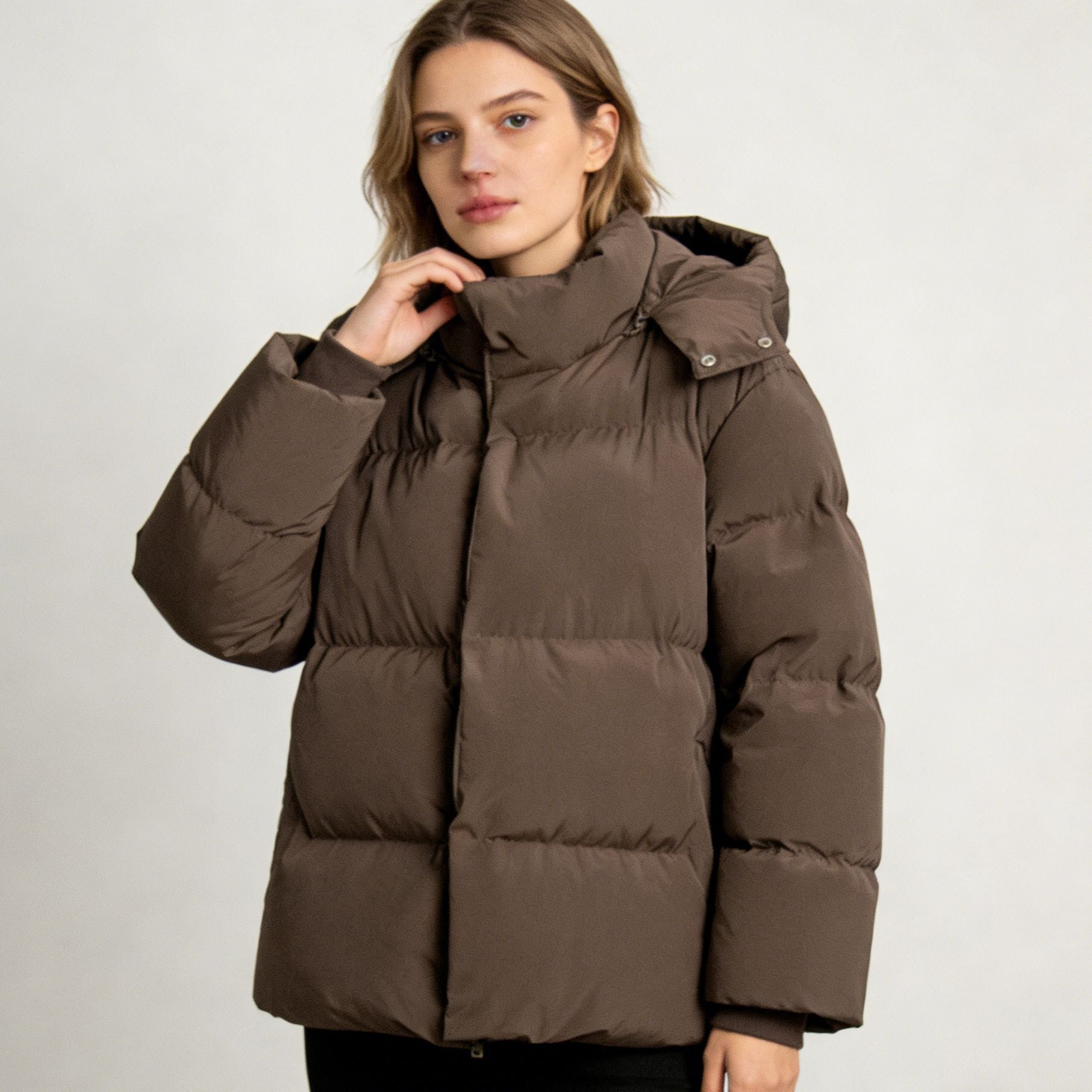 Women's Padded Oversized Quilted Jacket with Hood and High Stand Collar Chichicherry
