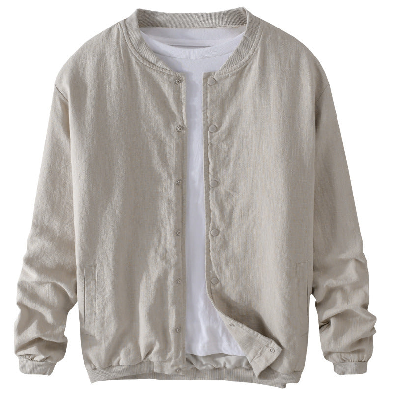 Men's Lightweight Linen Bomber Jacket with Stand Collar and Snap Buttons Chichicherry