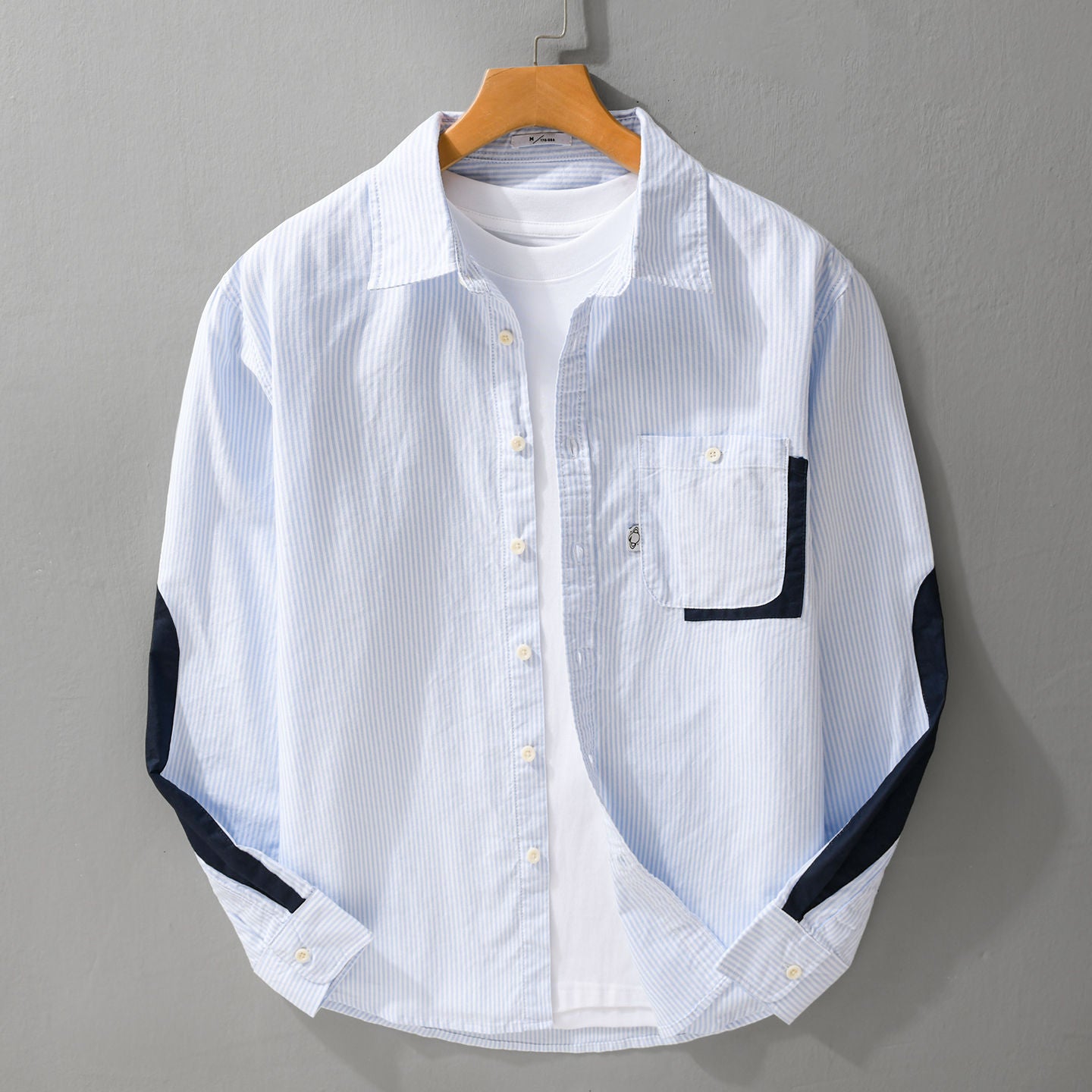 Men Striped Overshirt Shirt with Contrast Elbow Patches and Applied Chest Pocket Chichicherry