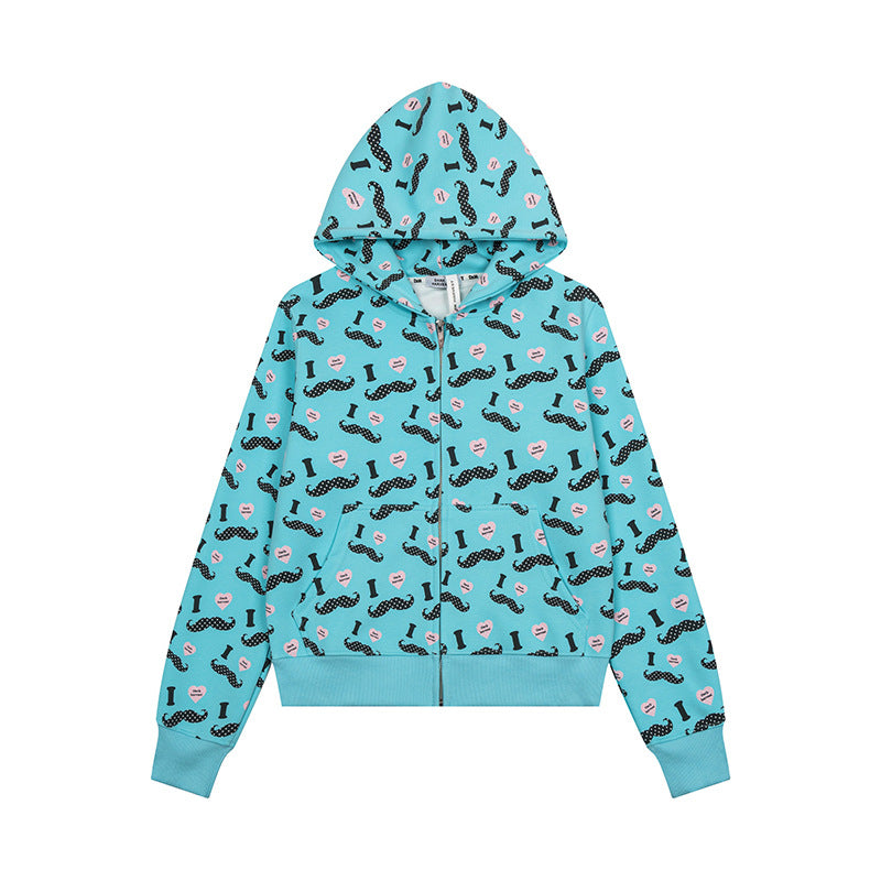 Women's Short Hooded Sweat Jacket with Graphic Print, Ribbed Cuffs, and Kangaroo Pockets Chichicherry