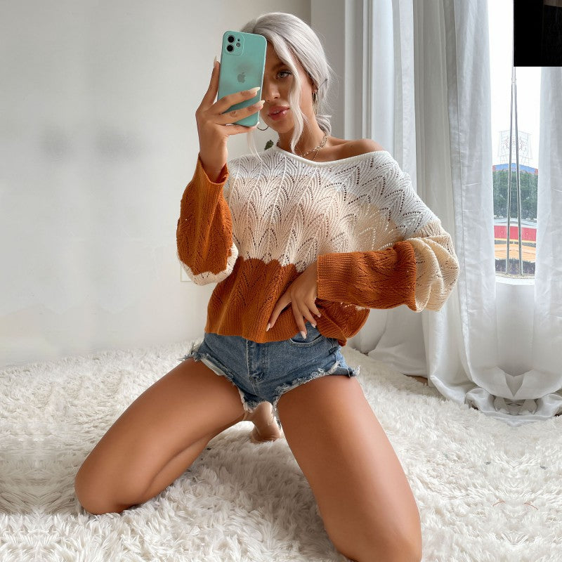Women's Oversized Openwork Knit Sweater with Off-the-Shoulder Neckline, Balloon Sleeves, and Ribbed Hem