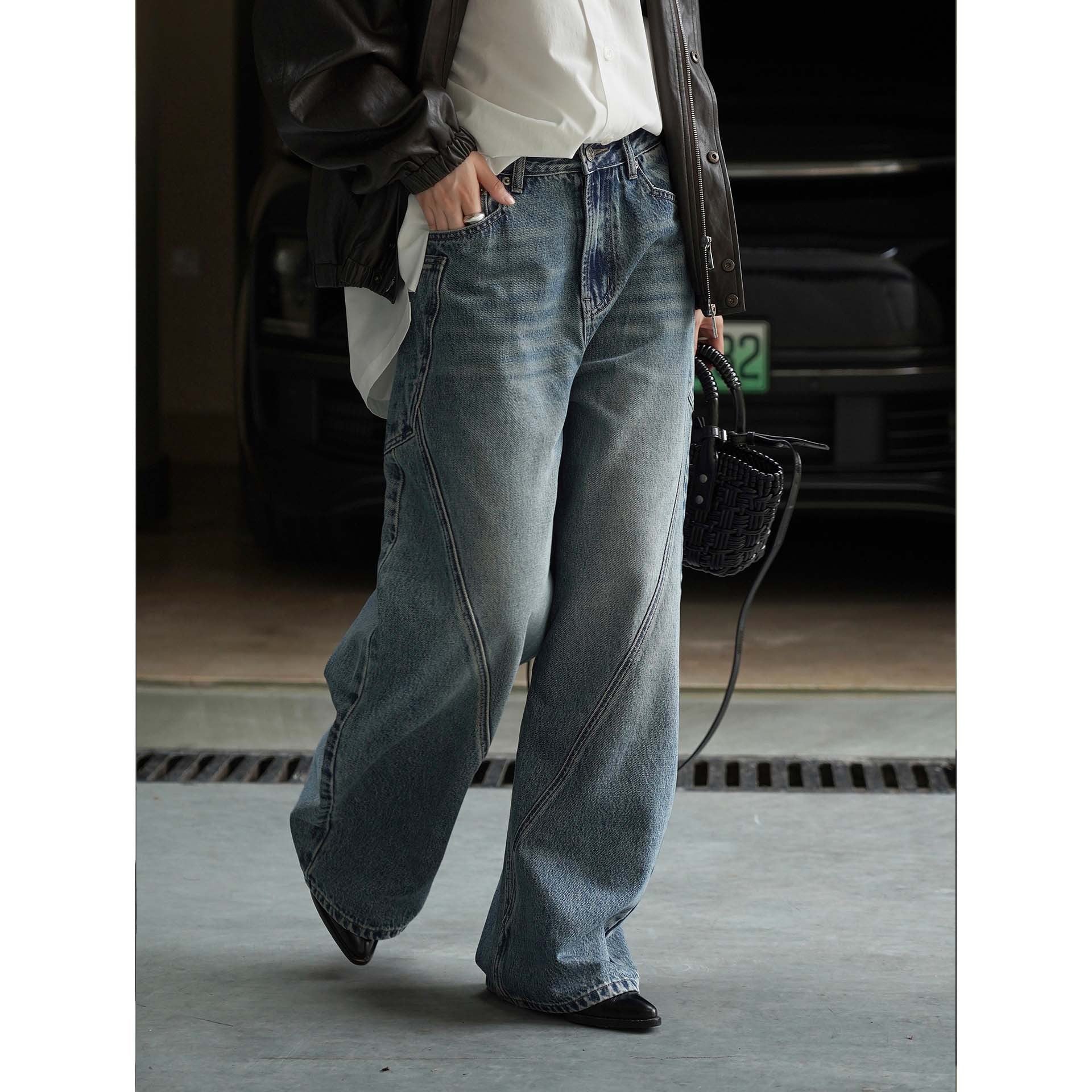 Women's High-Waisted Baggy Denim Pants with Curved Seam Details Chichicherry
