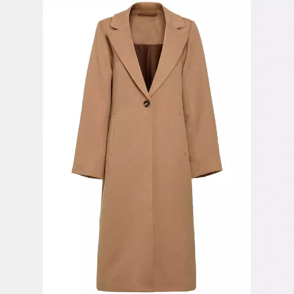 Women's Mid-Length Single-Breasted Wool Blend Coat with Minimalist Shawl Collar Chichicherry