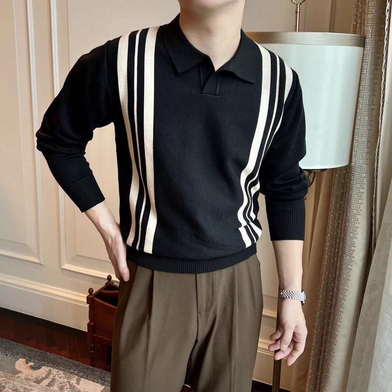 Herren Polokragen-Strickpullover mit markanten Längsstreifen und schmaler Passform Chichicherry
