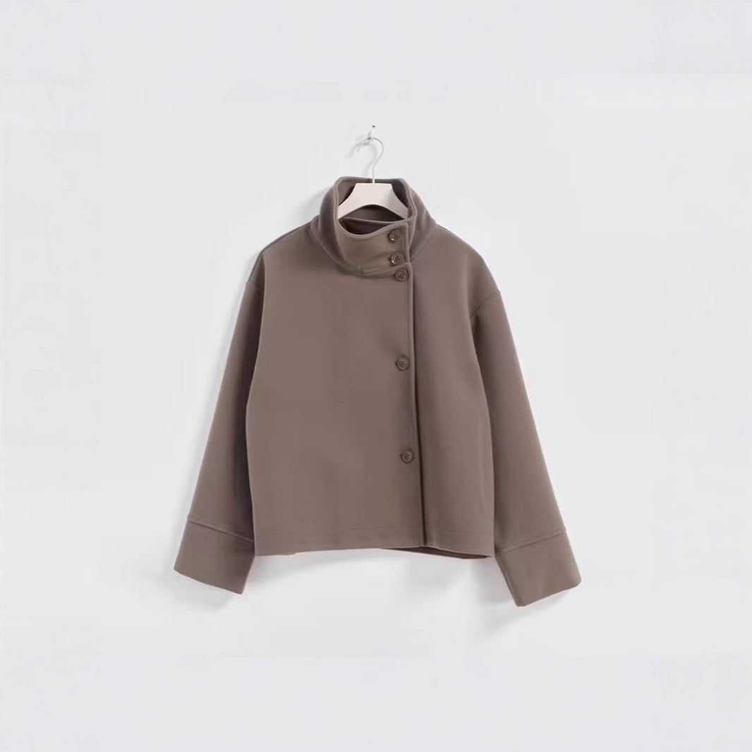 Women's short cut boxy jacket with stand-up collar and asymmetrical button placket Chichicherry
