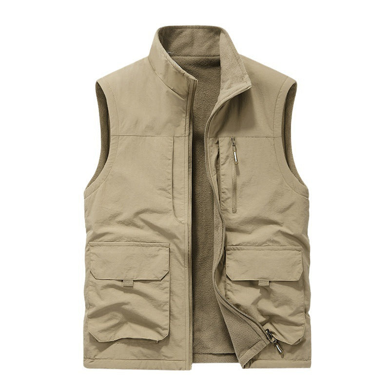Men's utility vest with teddy fleece lining, multifunction pockets and high stand-up collar Chichicherry