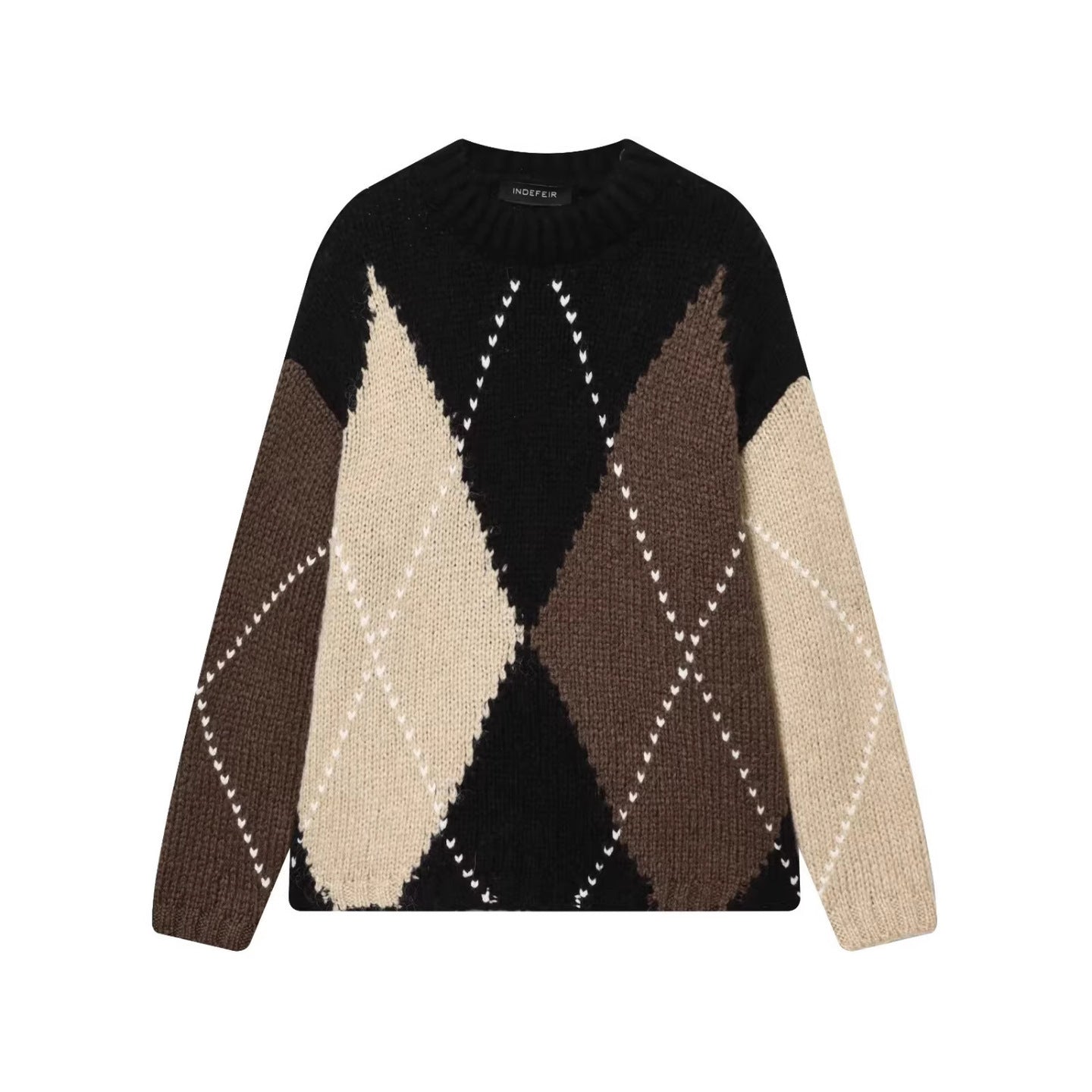 Women Chunky Knit Argyle Sweater with Oversized Cut and Ribbed Collar Chichicherry