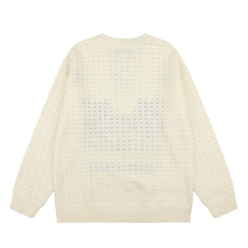 Women's Oversize Knit Sweater with Jacquard Cat Motif and Musical Design Chichicherry