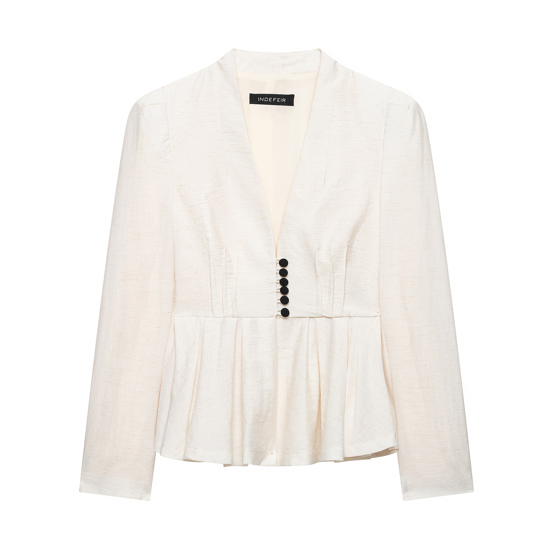Women Tailored Blazer Jacket with Deep V-Neck, Pleated Peplum and Decorative Button Placket Chichicherry