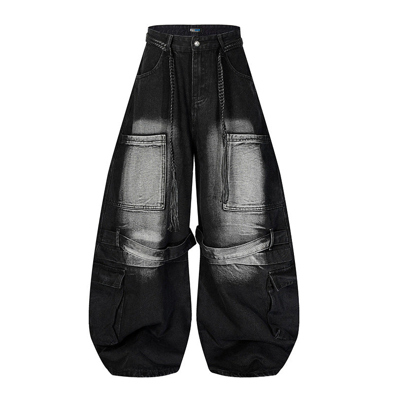 Women's wide denim cargo pants in balloon cut with large patch pockets and braided belt Chichicherry