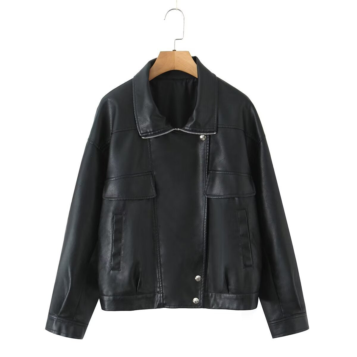 Women Oversized Faux Leather Bomber Jacket with Flap Pockets and Asymmetrical Zipper Chichicherry