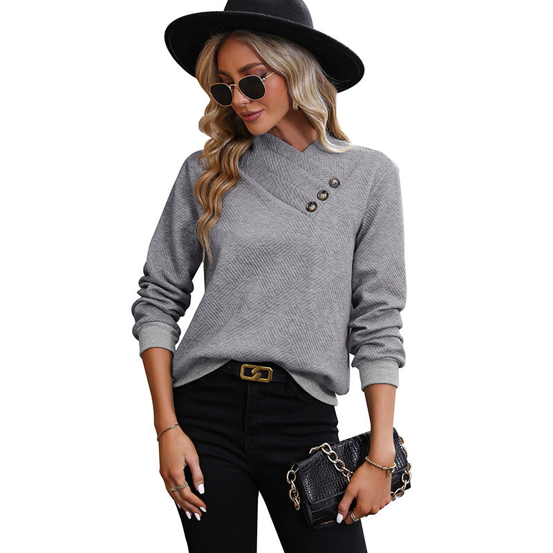 Women's Structured V-Neck Sweater with Diagonal Decorative Button Placket and Fitted Cut Chichicherry