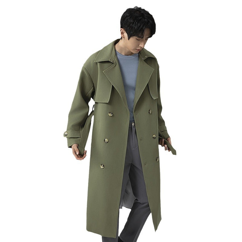 Men's trench coat in minimalist double-breasted design with wide shawl collar and waist belt Chichicherry
