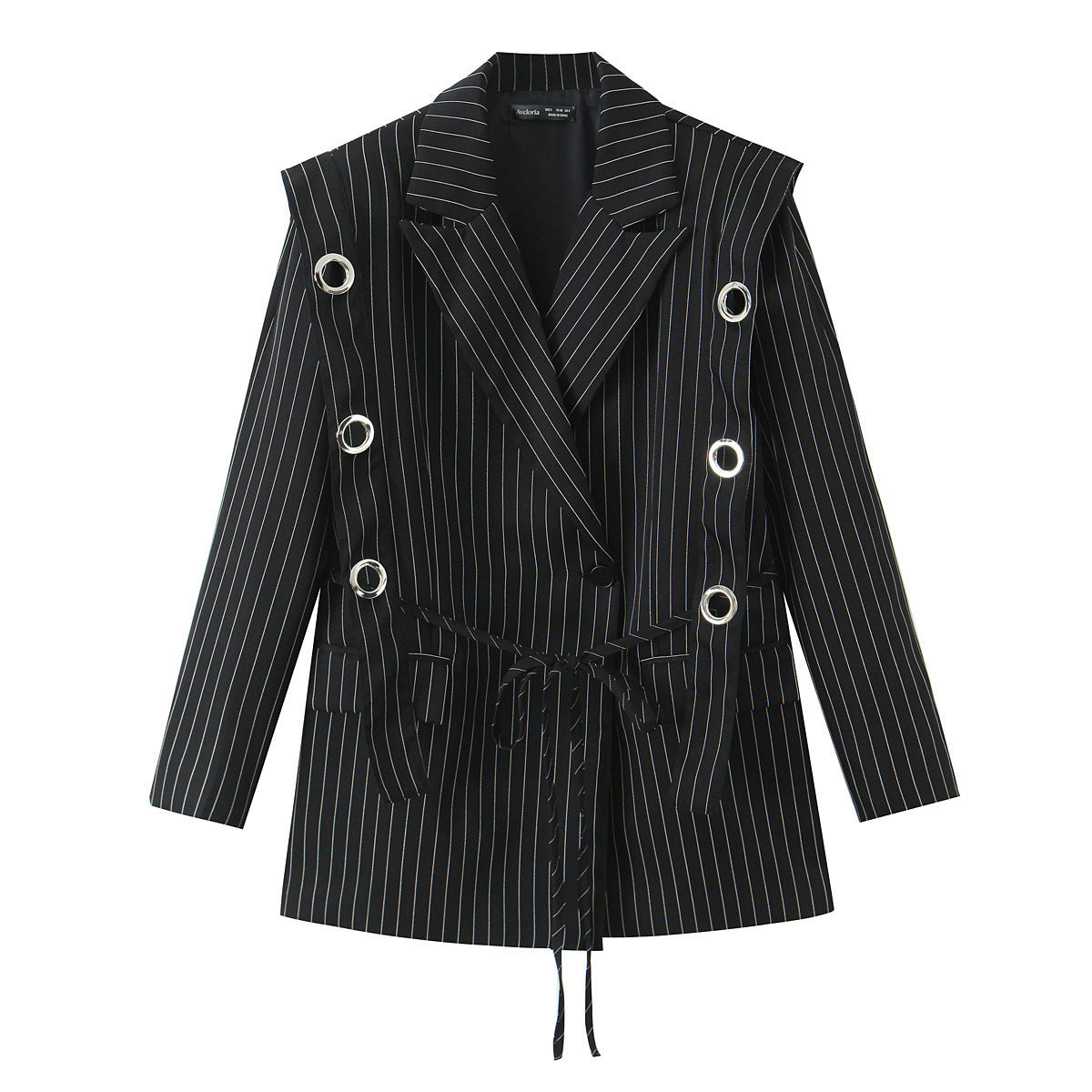 Women pinstripe blazer with eyelet application and drawstring Chichicherry
