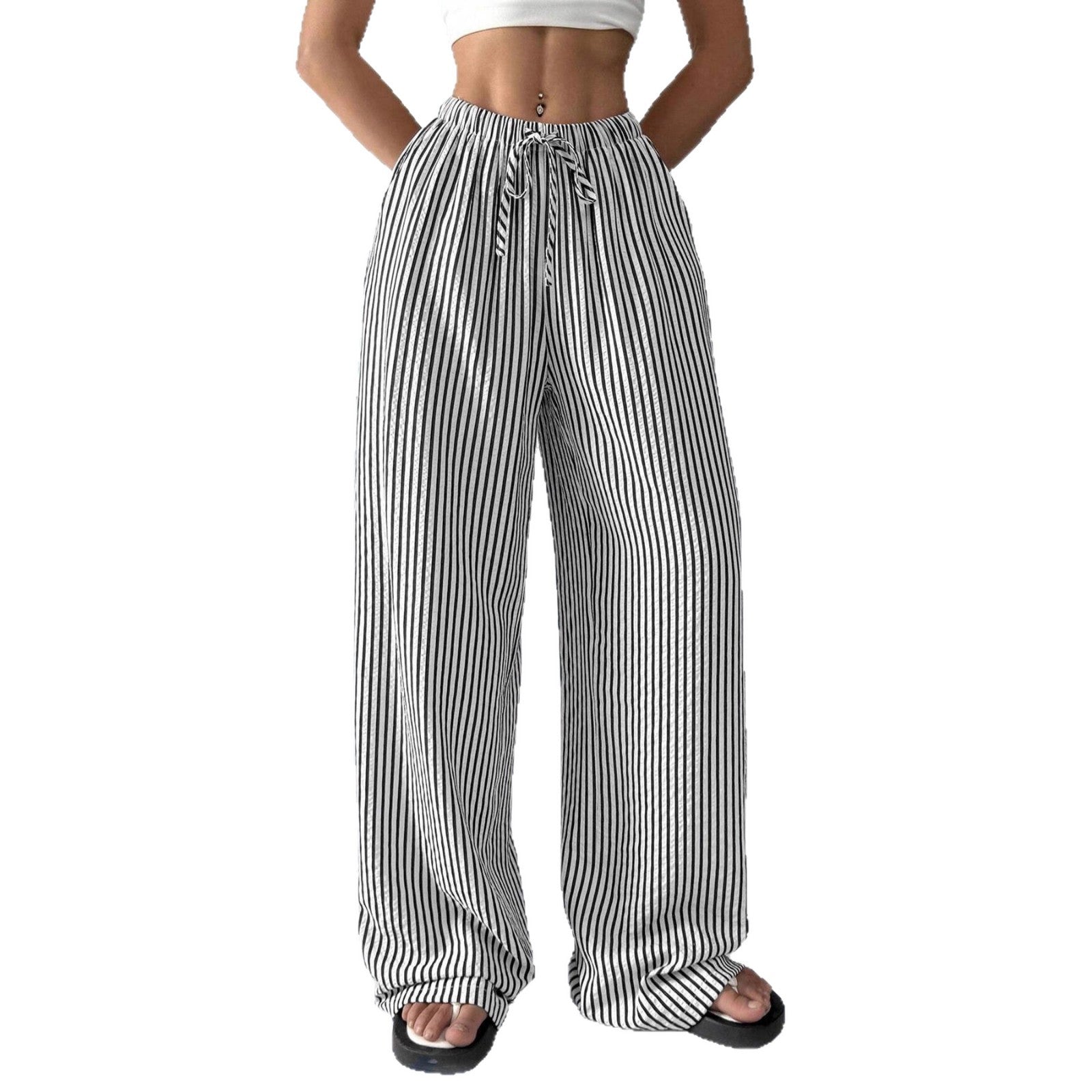Women's Wide High Waist Pants with Drawstring Stripes Linen Look and Side Pockets Chichicherry
