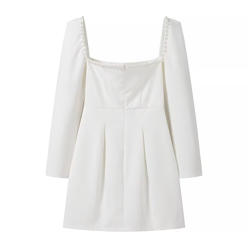 Women Figure-Hugging A-Line Mini Dress with Square Neckline, Long Sleeves and Beaded Detail Chichicherry