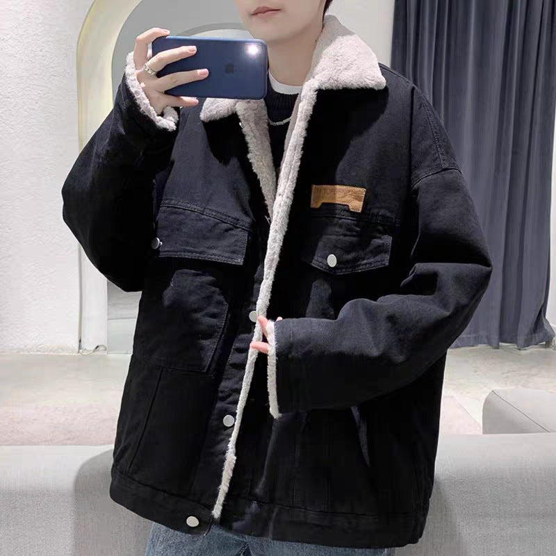 Herren Gefütterte Oversized Denimjacke mit Teddyfutter und Pattentaschen Chichicherry