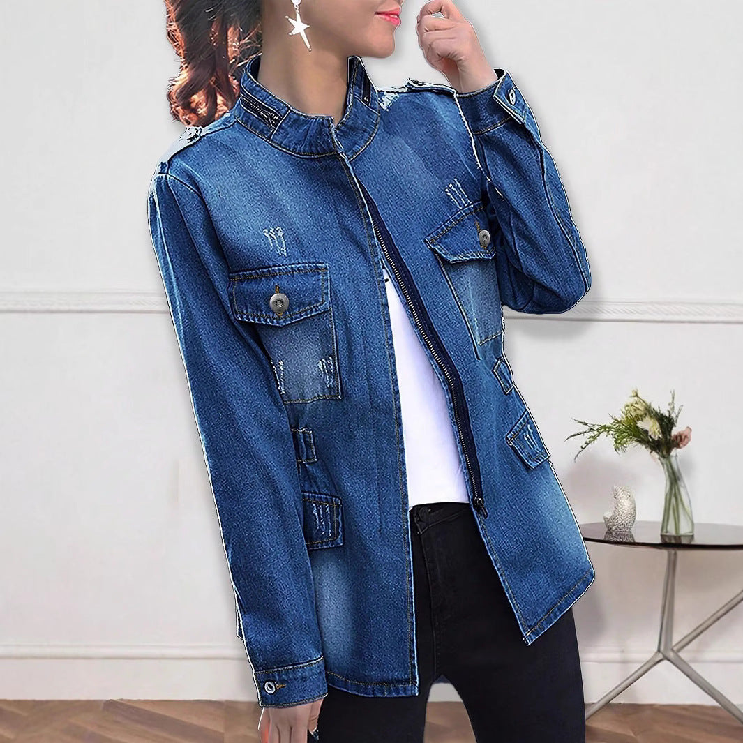 Women tailored denim jacket in military style with stand-up collar and flap pockets Chichicherry