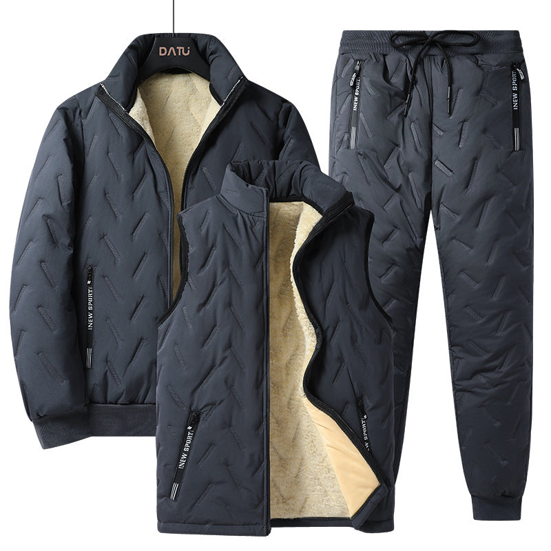 Men's Three-Piece Quilted Winter Set with Teddy Lining — Stand Collar Jacket, Padded Vest & Thermal Pants Chichicherry