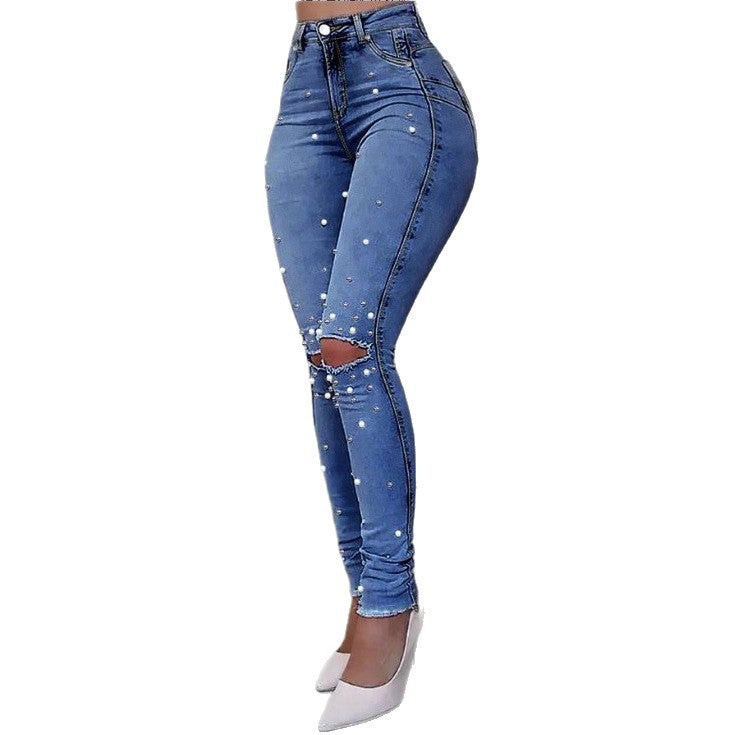 Women Pearl-Embellished High-Waist Skinny Jeans with Sculpting Fit Chichicherry