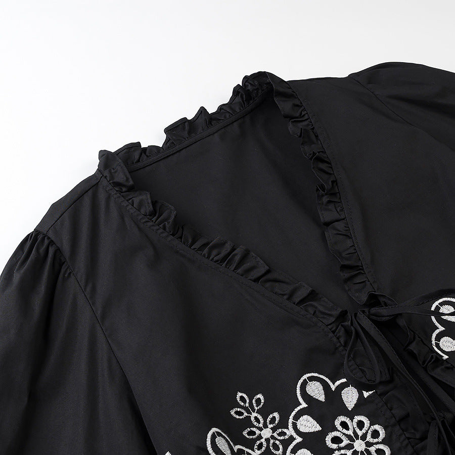 Ladies Embroidered Short Bolero with Ruffled V-Neck and Lacing Closure Chichicherry