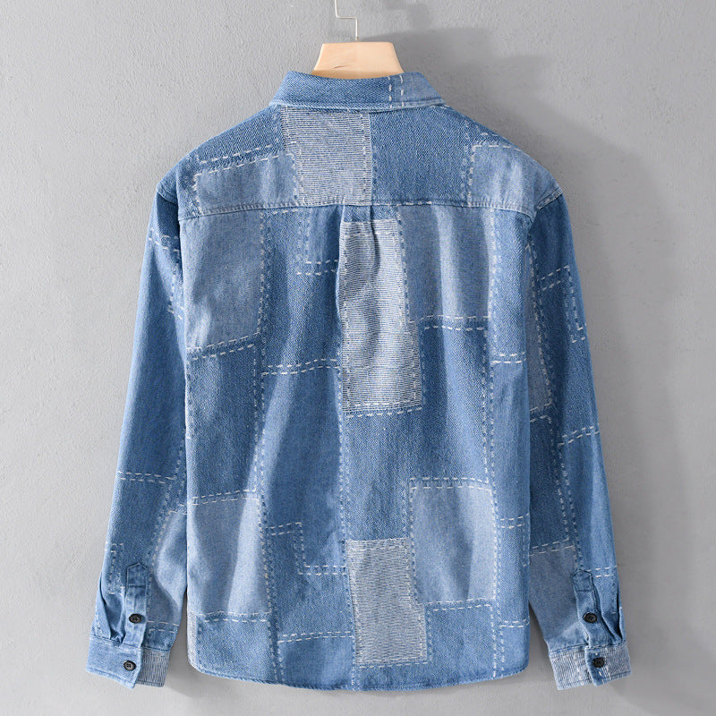 Men's patchwork shirt jacket made of textured denim with visible seams and chest pocket Chichicherry