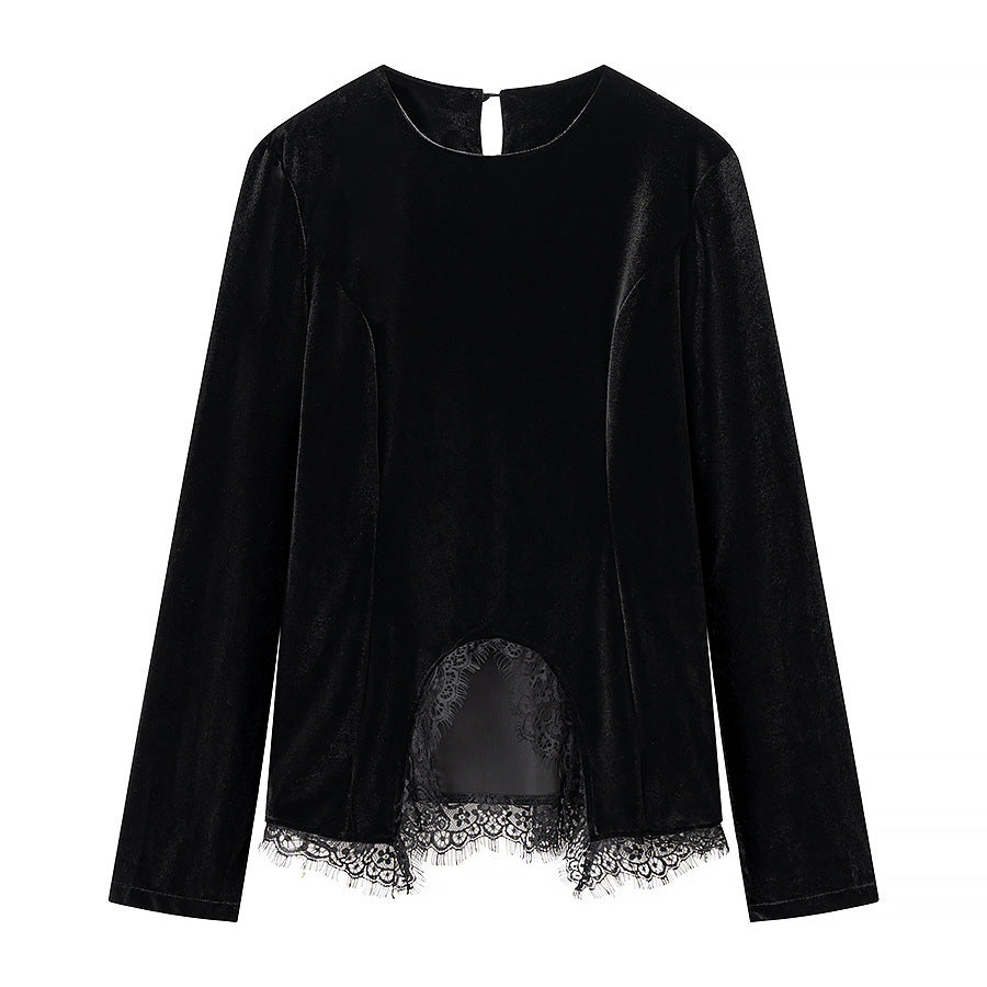Women's Velvet Long Sleeve Shirt with Lace Trim and Curved Hem Chichicherry