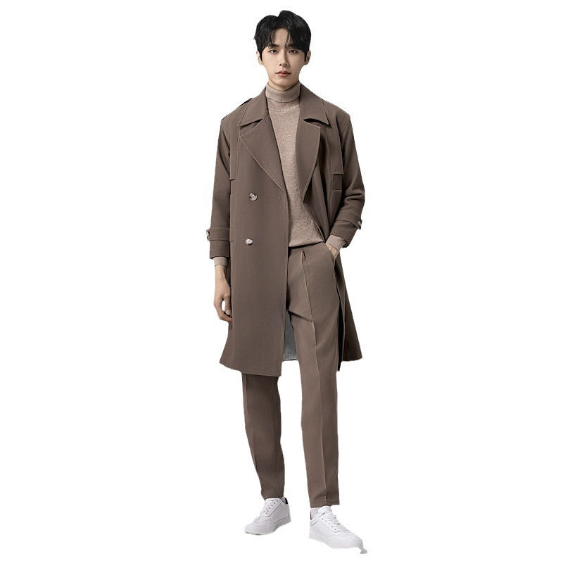 Men's Double-Breasted Trench Coat with Waist Belt and Classic Lapel Chichicherry
