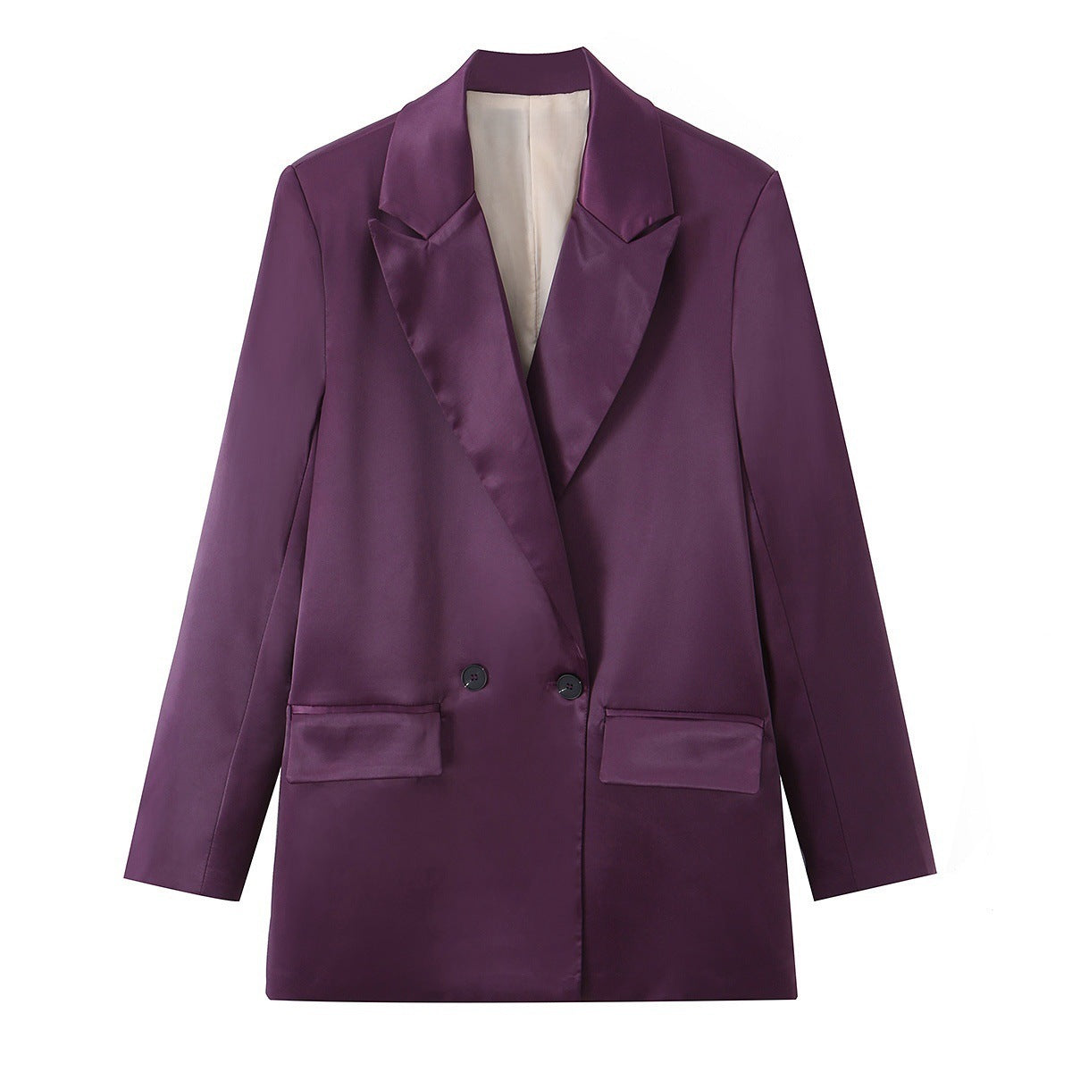 Women's Double-Breasted Satin Blazer with Notched Lapels and Flap Pockets Chichicherry