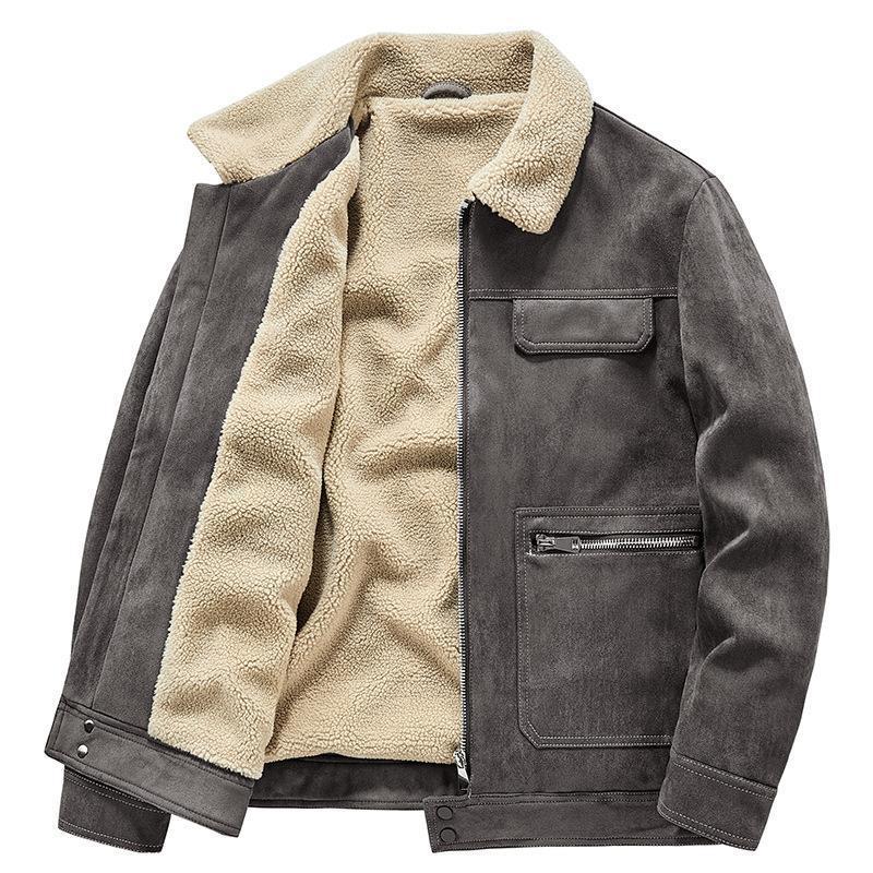 Men's suede look jacket with teddy lining, contrast stitching, and multiple pockets Chichicherry