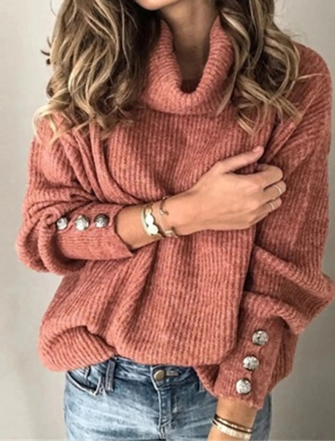 Women Oversize Roll Neck Sweater with Textured Knit and Decorative Buttons Chichicherry