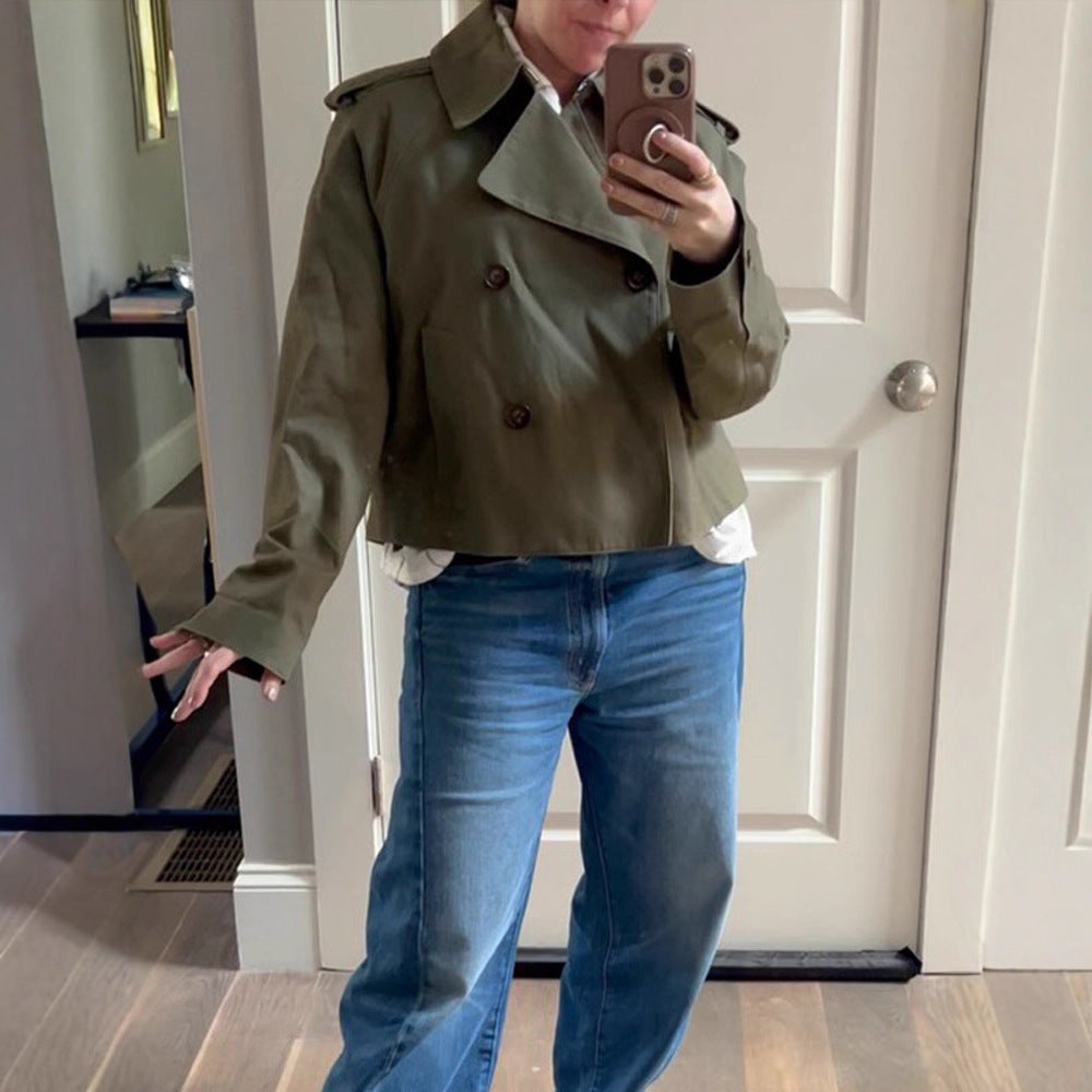 Women's Cropped Double-Breasted Trench Coat with Boxy Silhouette and Patch Pockets Chichicherry