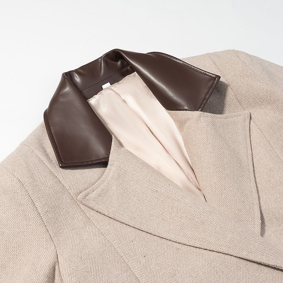 Women Tailored Wool Blend Coat with Herringbone Texture, Contrast Leather Collar and Leather Belt Chichicherry