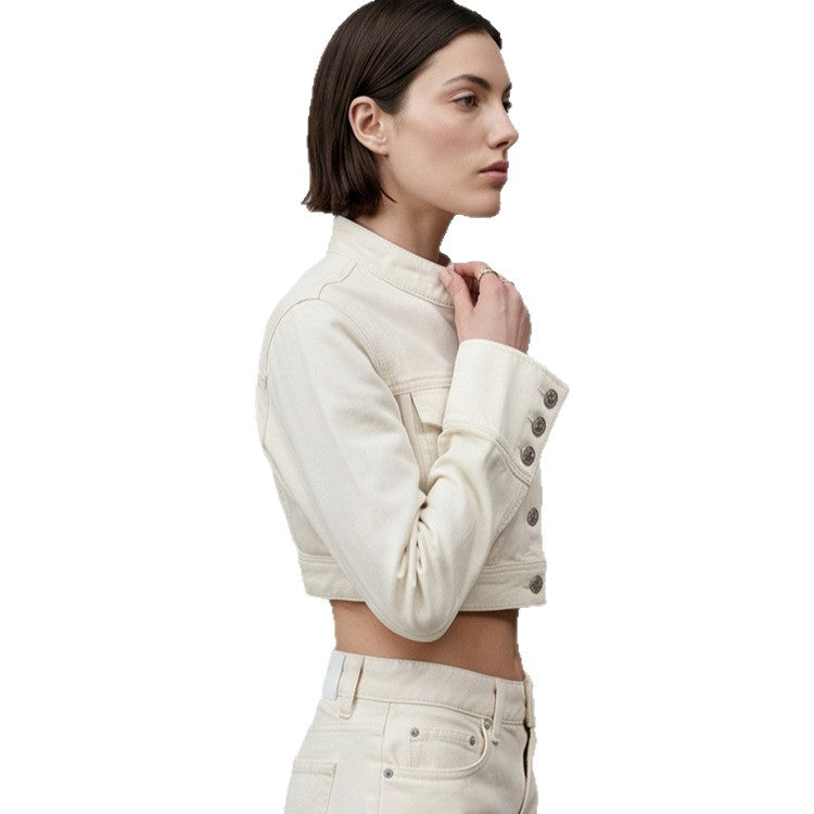 Women Short Cut Cropped Denim Jacket with Stand-up Collar, Chest Pockets and Extended Cuffs Chichicherry