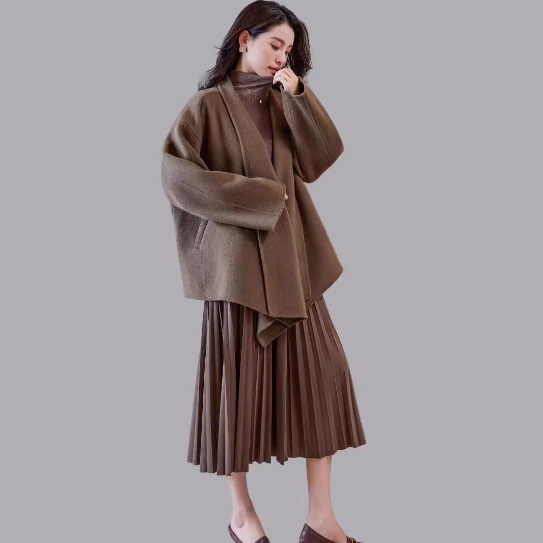 Women's oversized coat made from wool blend with open shawl collar and asymmetrical hem Chichicherry