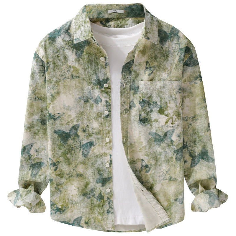 Men's Lightweight Linen Blend Shirt with Watercolor Butterfly Print and Chest Pocket Chichicherry