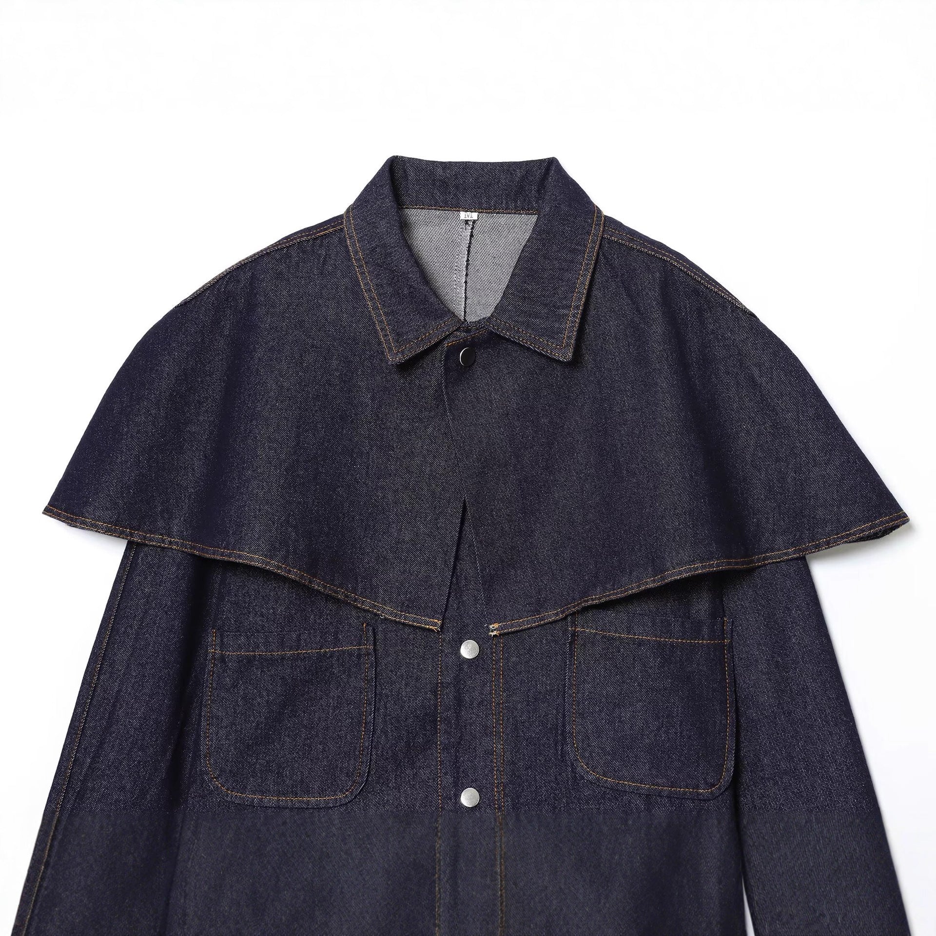 Women's Short Jeans Jacket with Cape Insert, Flap Pockets and Snap Buttons Chichicherry