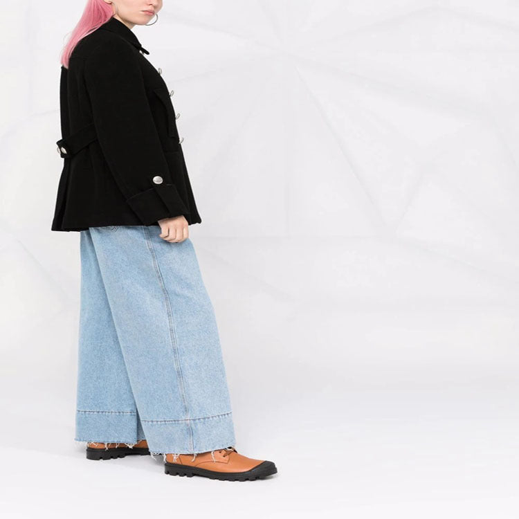 Women's Short Boxy Wool Blend Coat in Military Look with Decorative Round Buttons Chichicherry