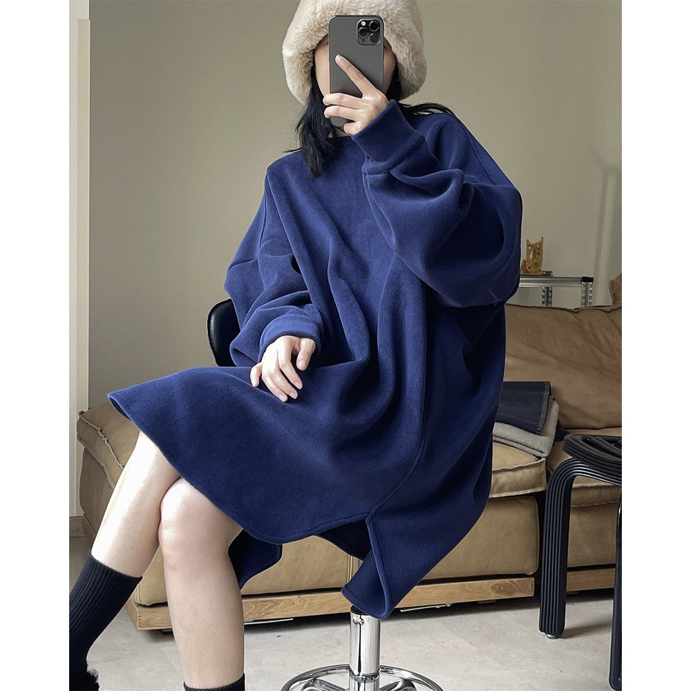 Women Oversize Fleece Sweat Dress with Balloon Sleeves and Side Slits Chichicherry