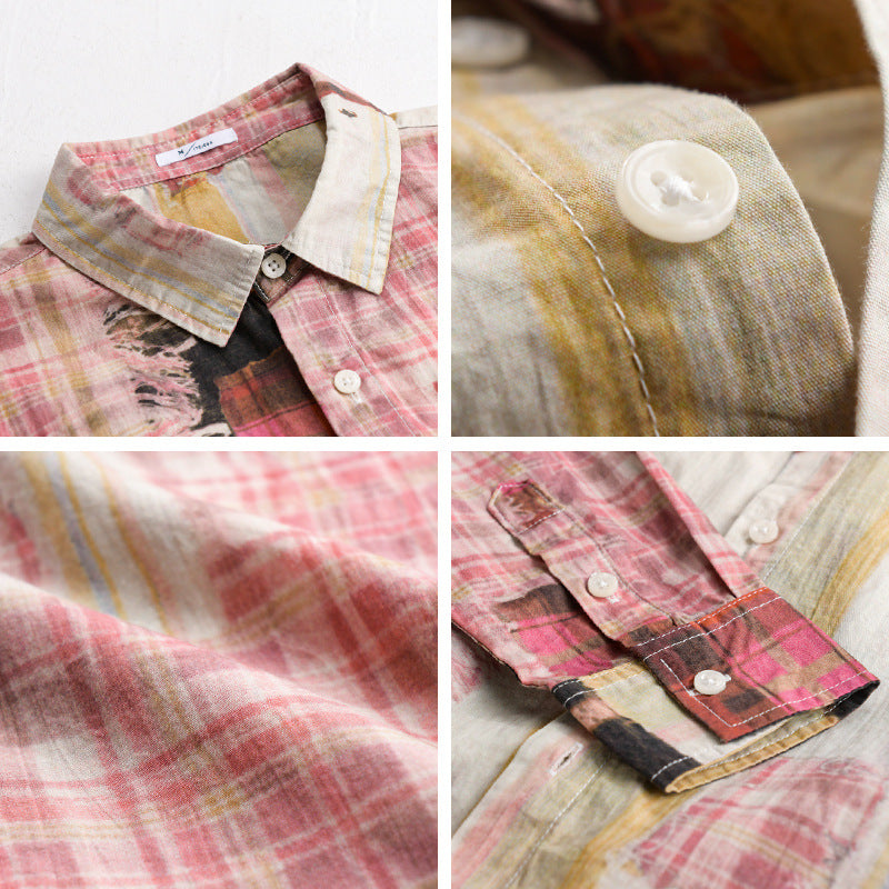Men's Relaxed Patchwork-Check Shirt Jacket with Frayed Edges and Crinkle Finish Chichicherry