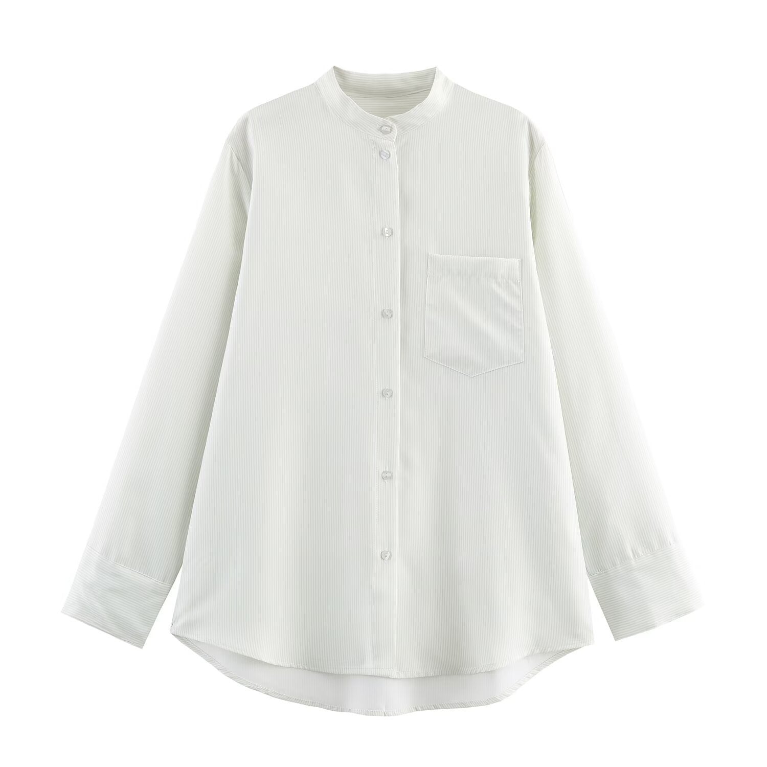 Women Oversize Shirt Blouse with Stand Collar, Chest Pocket and Curved Hem Chichicherry