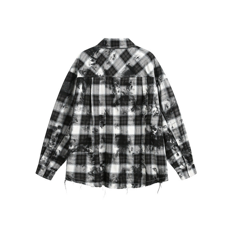 Men's Oversized Check Shirt Jacket with Frayed Hem and Chest Zip Pocket Chichicherry