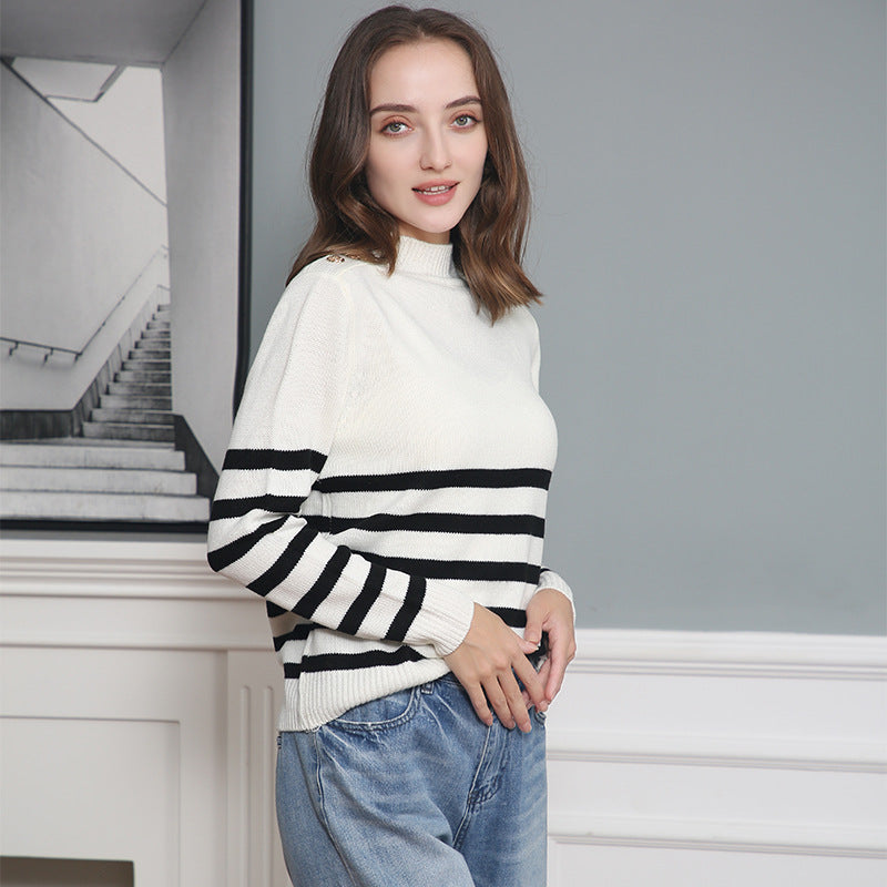 Women's Striped Turtleneck Sweater with Decorative Shoulder Buttons and Ribbed Cuffs Chichicherry
