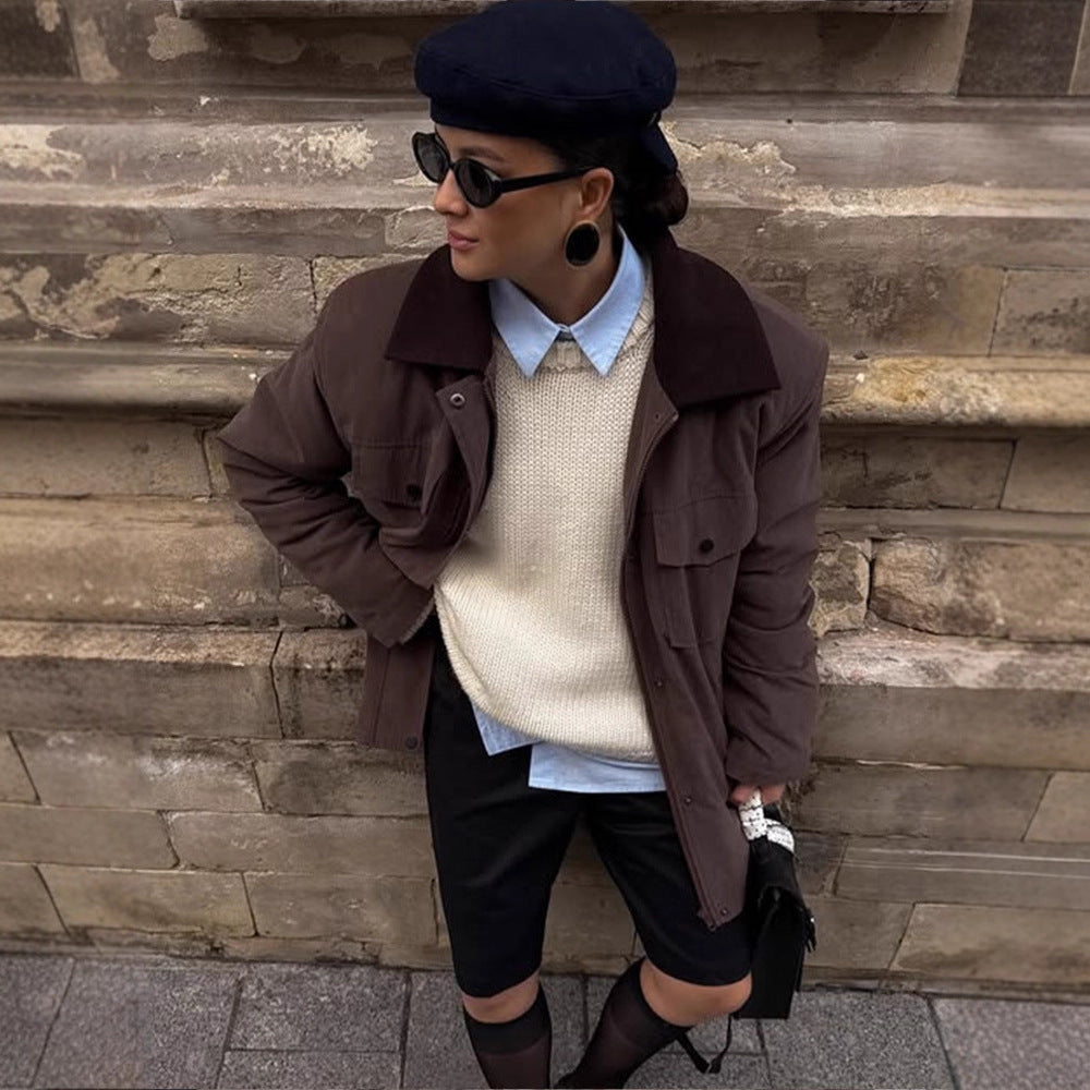 Women's Boxy Utility Short Coat with Contrast Collar and Patch Pockets Chichicherry