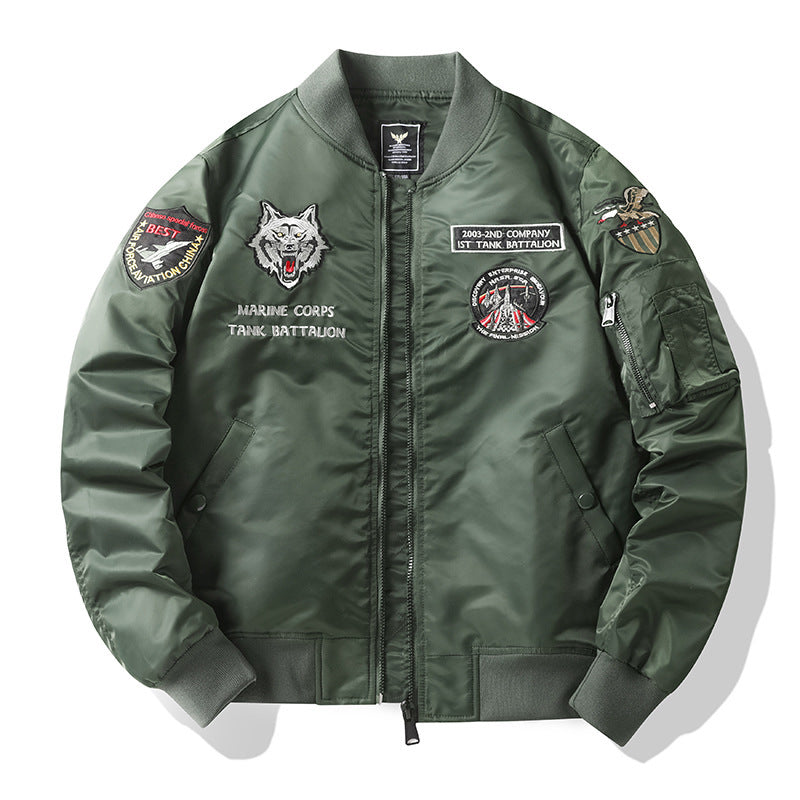 Men's pilot bomber jacket in flight style with embroidered tank motif and sleeve pocket Chichicherry