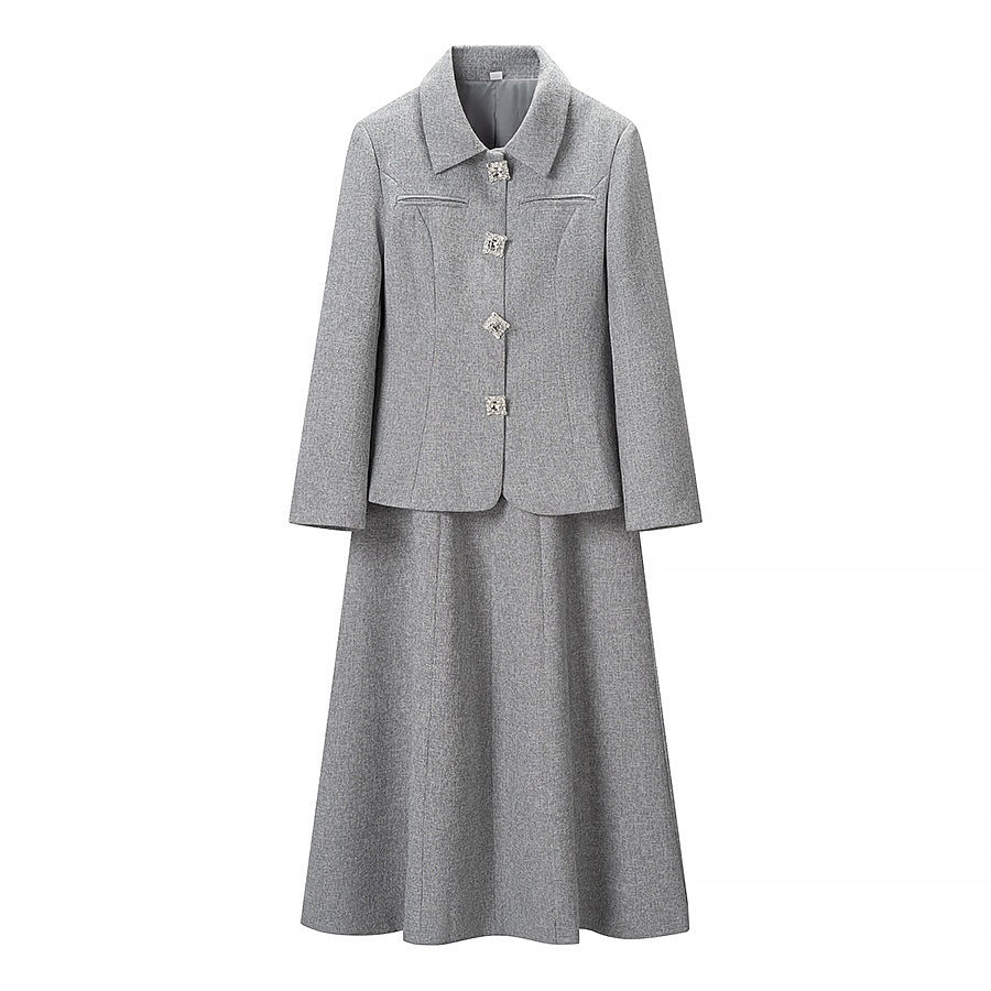 Women's Two-Piece Boucle Set Tailored Peplum Blazer and A-Line Midi Skirt Chichicherry