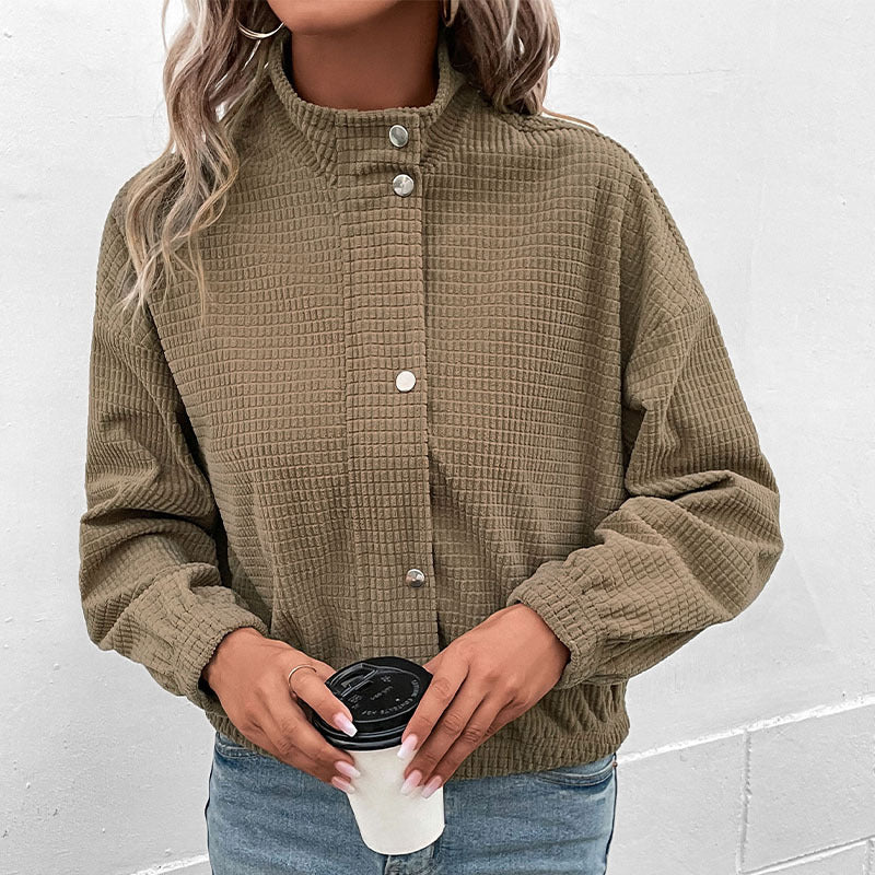 Women's Short-Cut Waffle Structure Transition Jacket with Zipper, Stand Collar and Elastic Cuffs Chichicherry